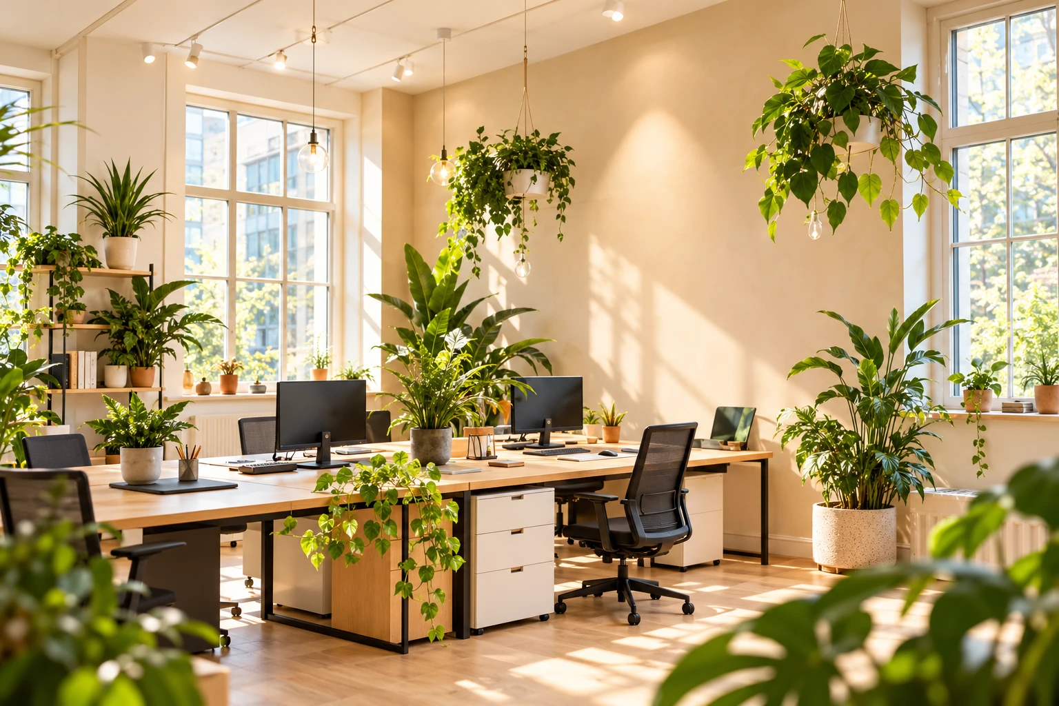 A bright, plant-filled workspace with desks and large windows