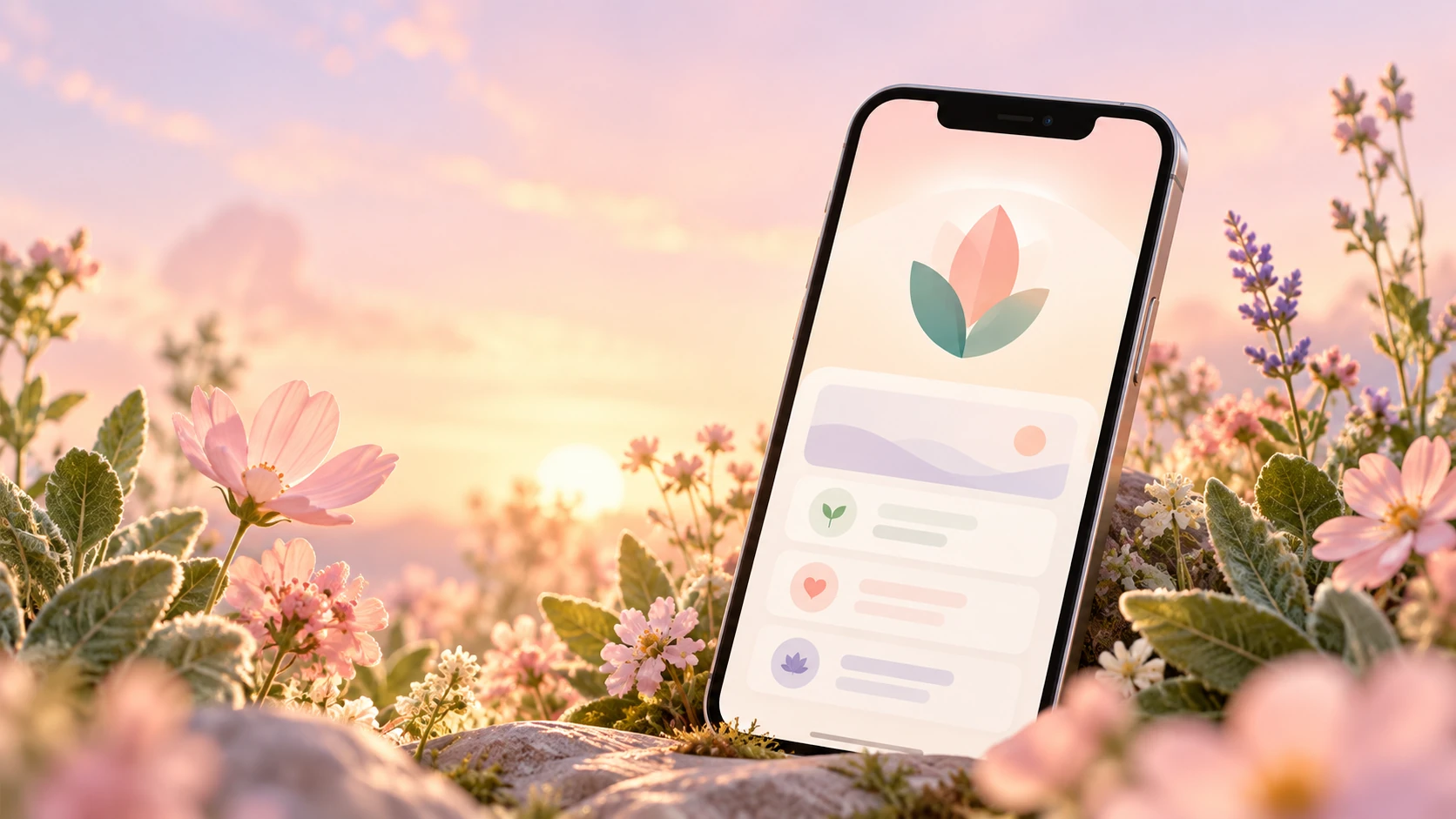 The Bloomora app on a phone surrounded by flowers at sunrise