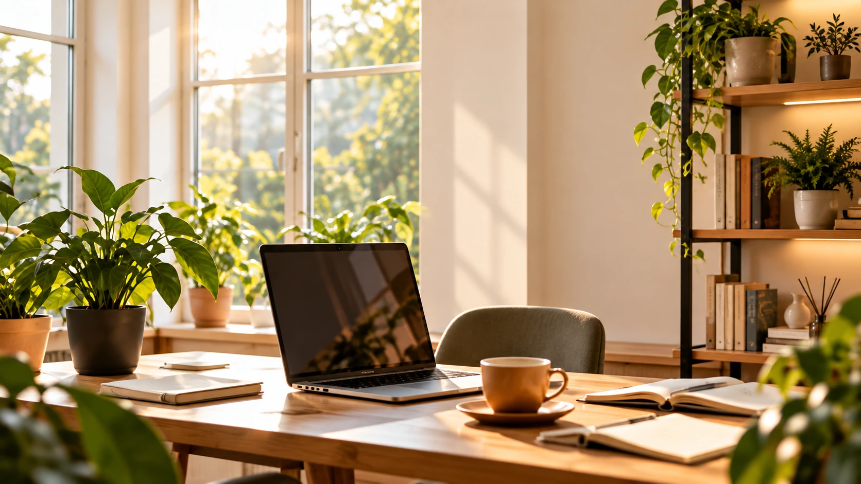 A sunlit desk with a laptop, a cup of coffee and plants