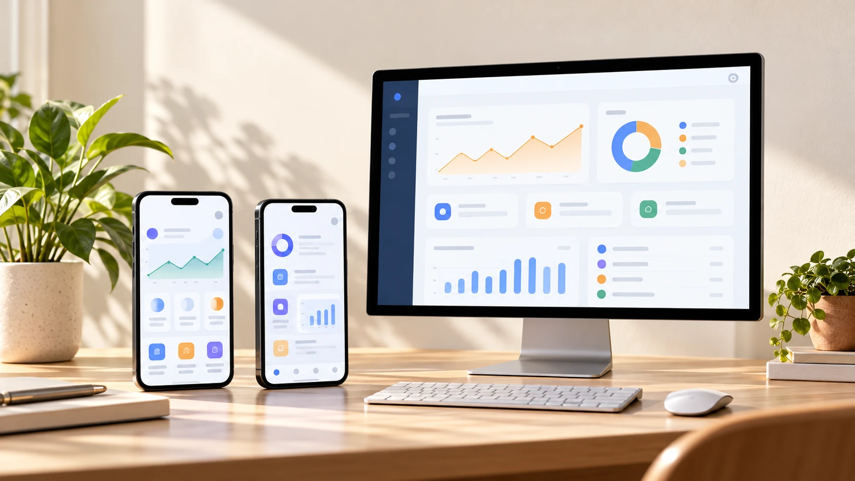 Web and mobile app dashboards on a desktop monitor and two phones